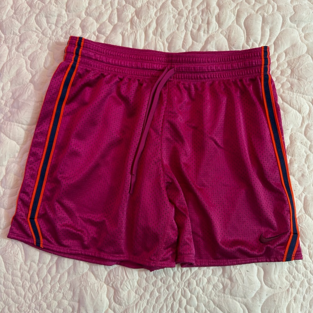 Magenta Nike Athletic Mesh Shorts with Orange Side Stripes